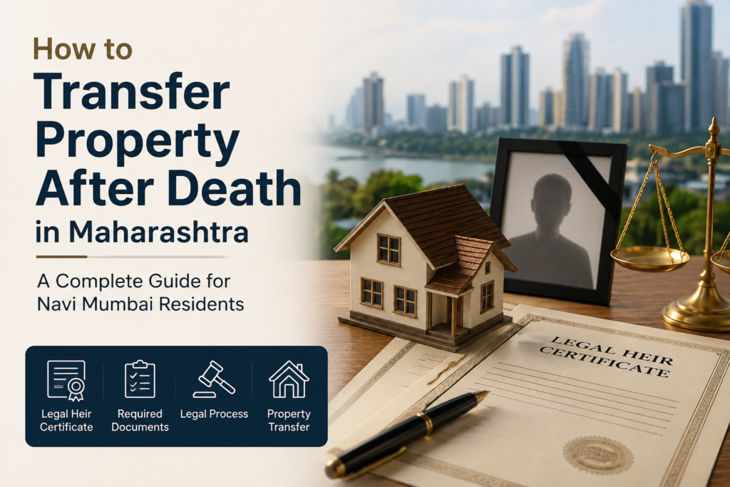 Property transfer after death in Maharashtra showing legal heir certificate, house documents, and inheritance process for Navi Mumbai residents