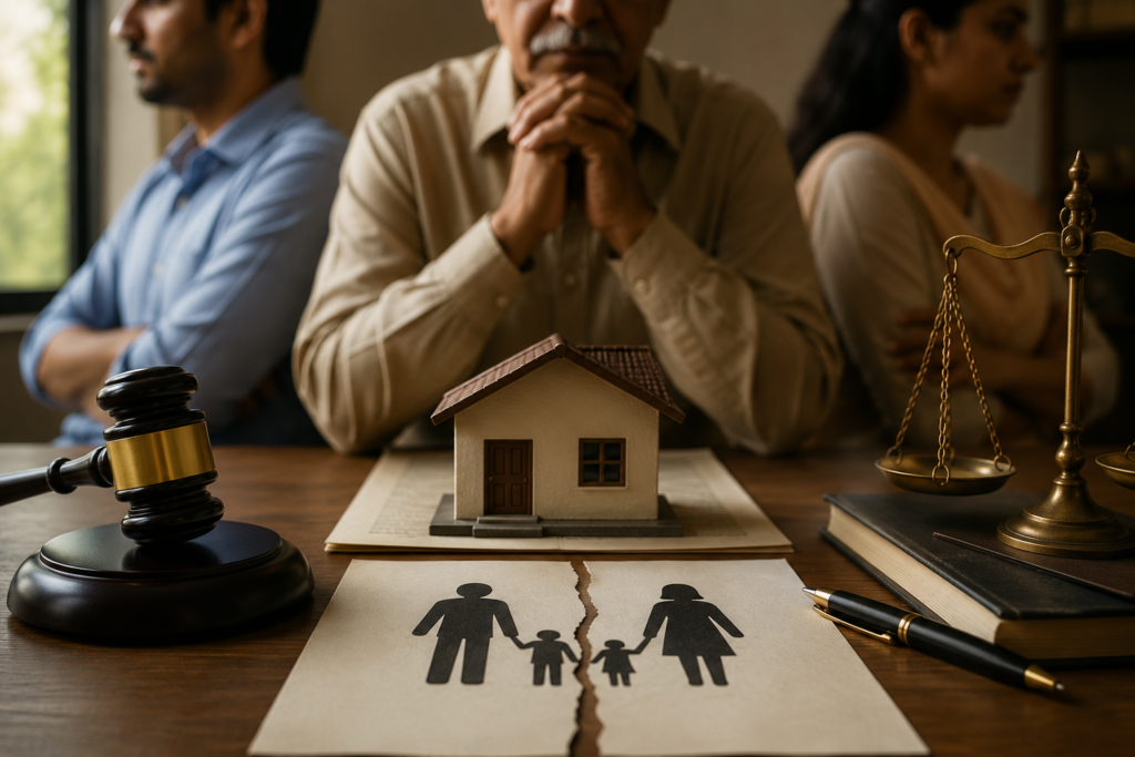 Family property dispute involving inheritance rights, legal documents, house ownership, and succession law in India